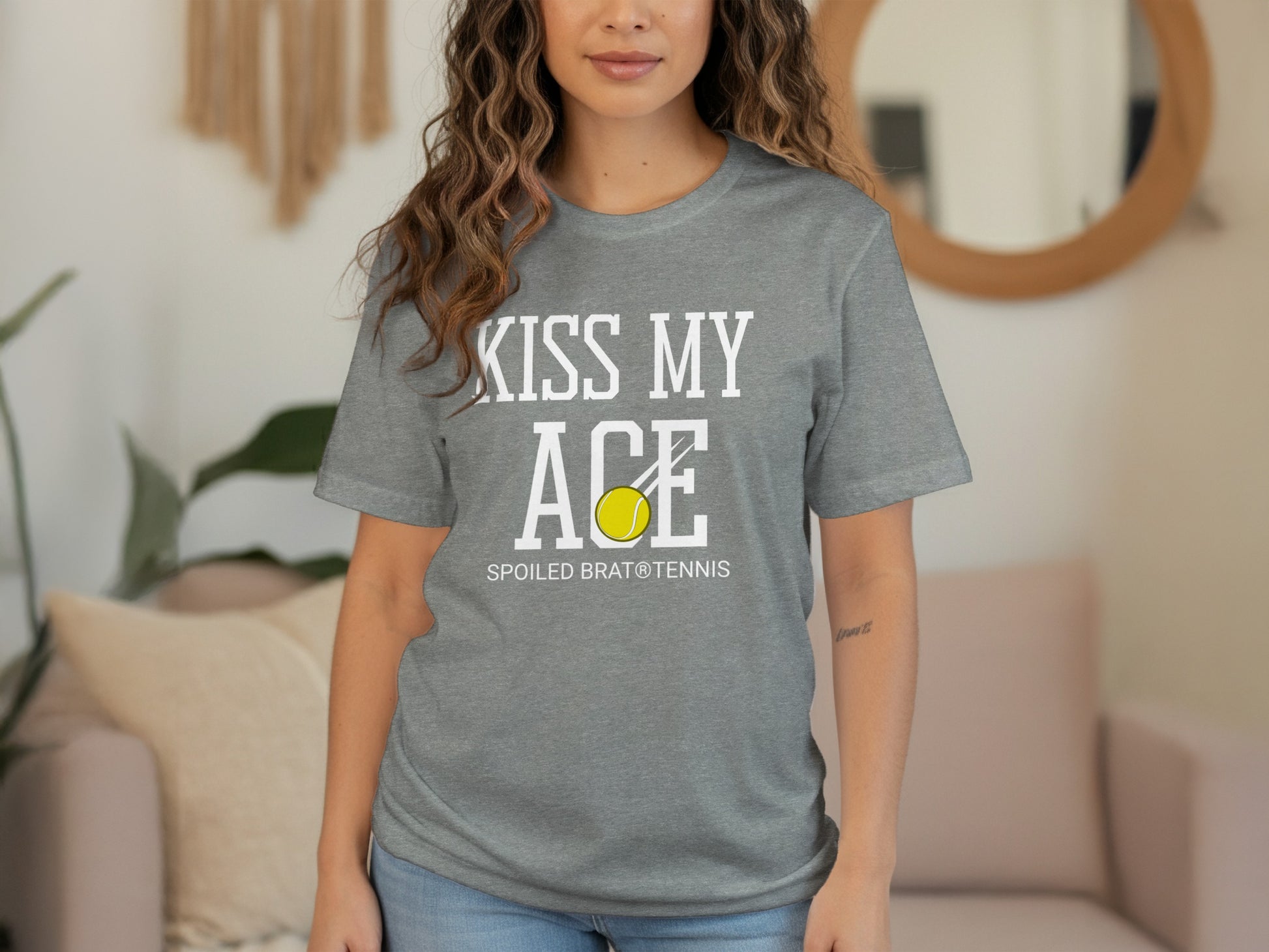 Grey t-shirt with "Kiss My Ace" and tennis ball graphic.