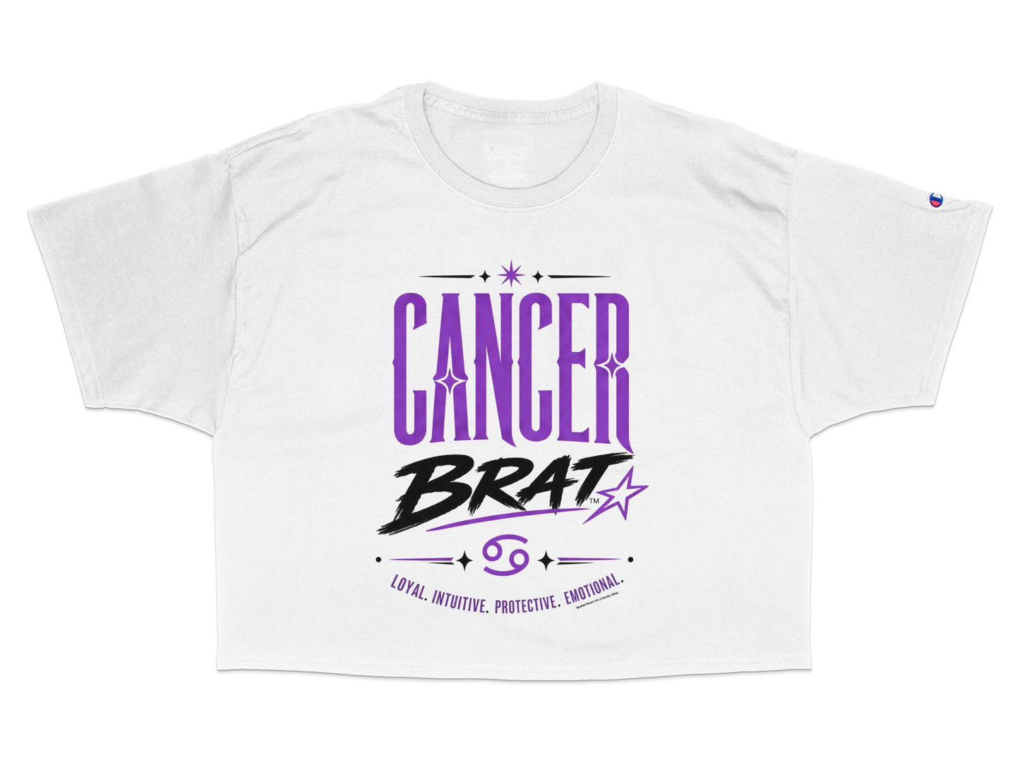 White crop top with "Cancer Brat" and zodiac traits: loyal, intuitive, protective, emotional.