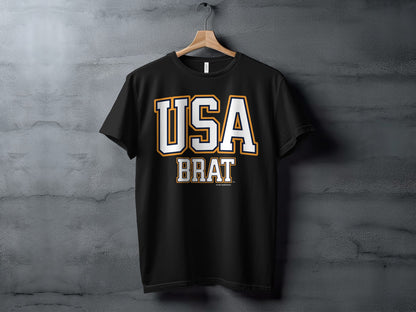 Black t-shirt with "USA BRAT" text and smaller text "Another Spoiled Brat"