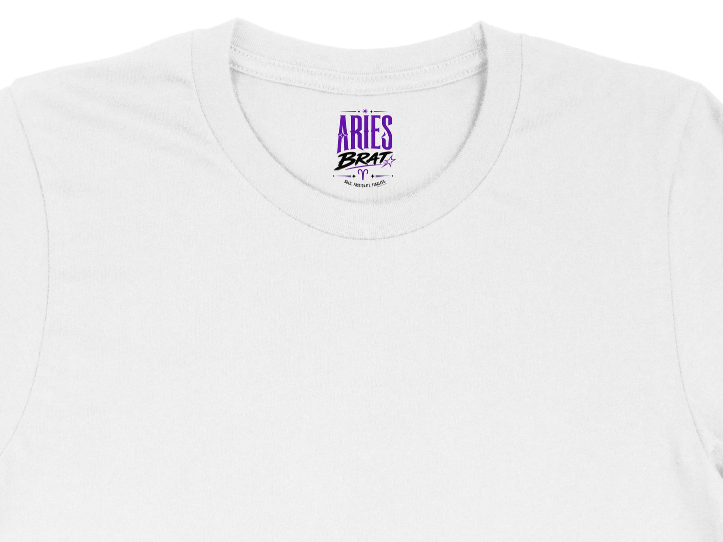 White t-shirt with "Aries Brat" and astrological symbols.
