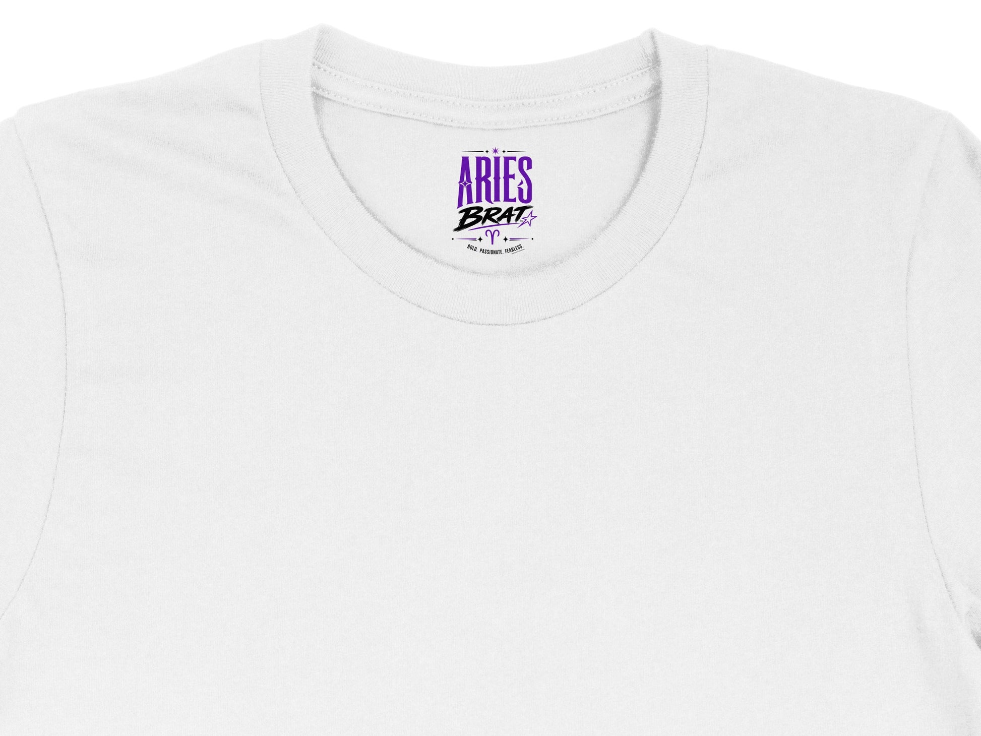 White t-shirt with "Aries Brat" and astrological symbols.
