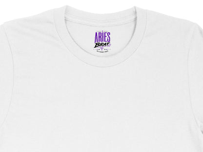 White t-shirt with "Aries Brat" and astrological symbols.