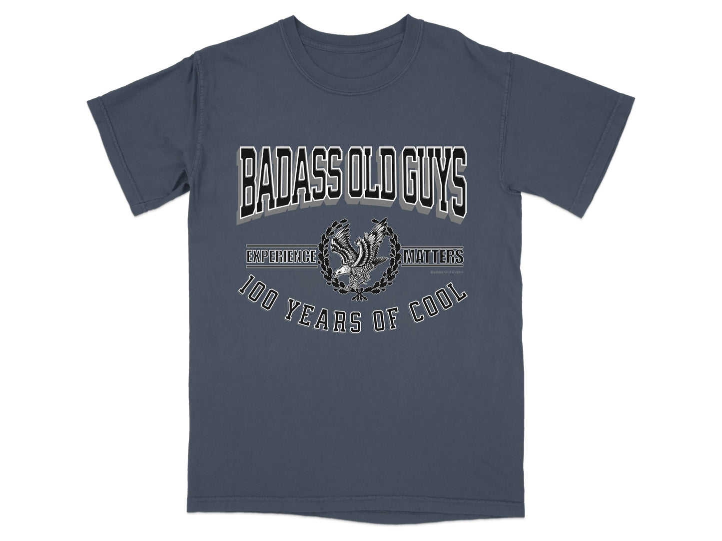 Dark blue t-shirt with "Badass Old Guys" text and eagle emblem.