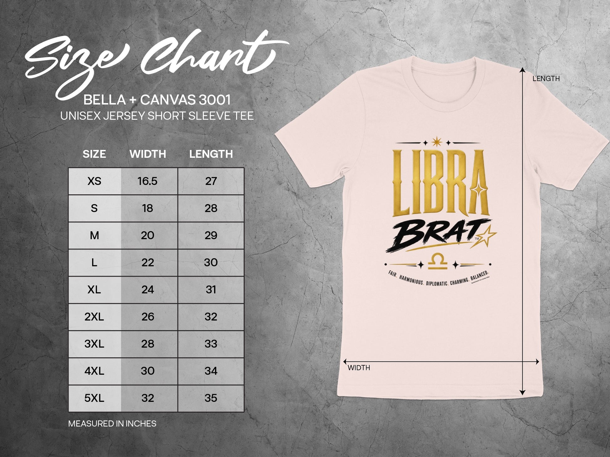 Size chart for Bella + Canvas 3001 unisex jersey short sleeve tee with Libra Brat graphic.
