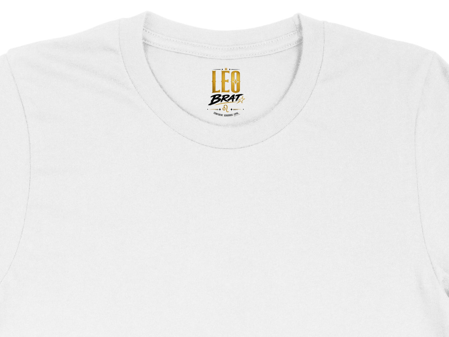 White t-shirt with gold "LEO BRAT" text and Leo zodiac symbol.