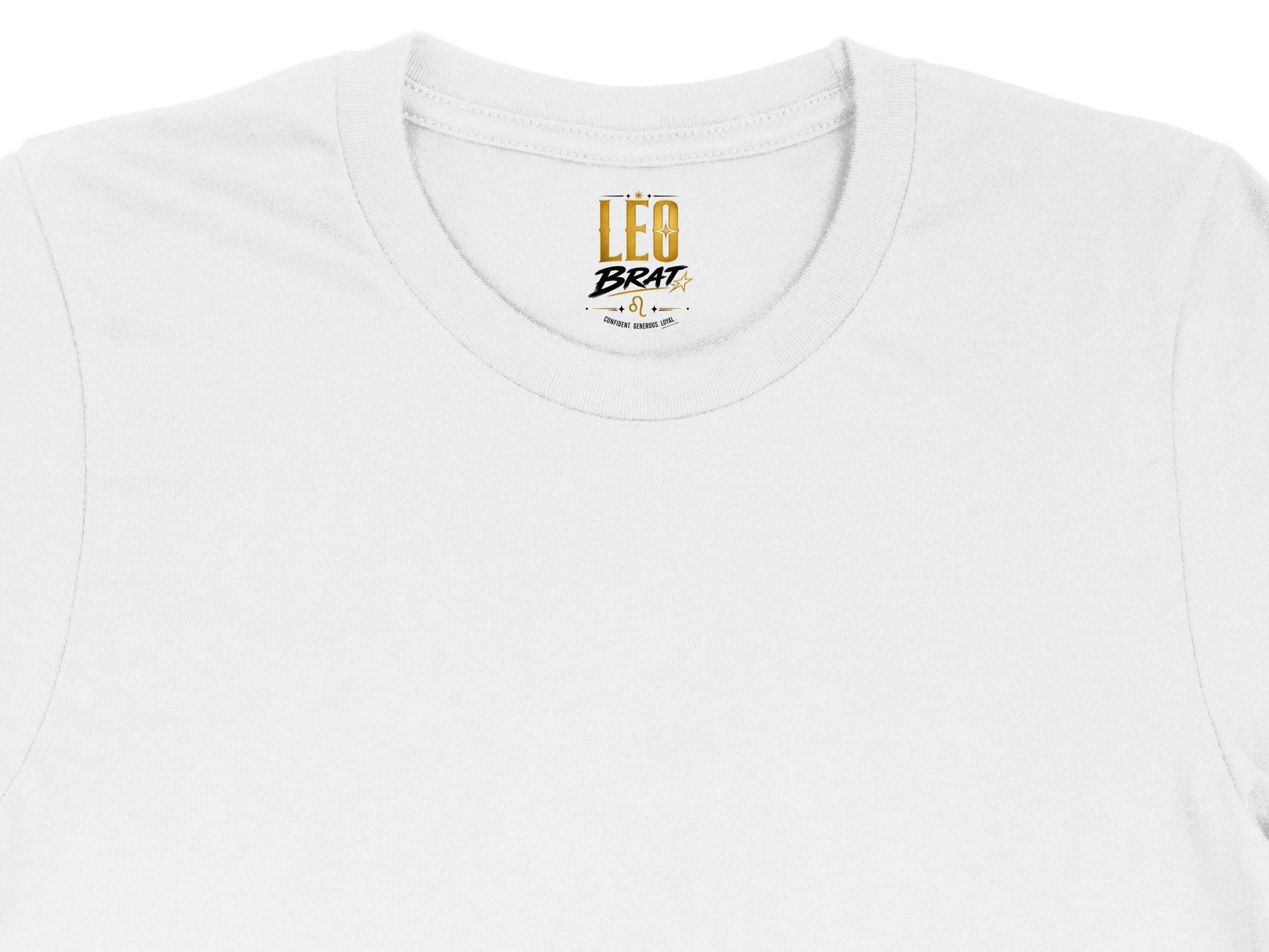 White t-shirt with gold "LEO BRAT" text and Leo zodiac symbol.