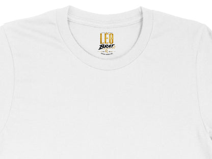 White t-shirt with gold "LEO BRAT" text and Leo zodiac symbol.