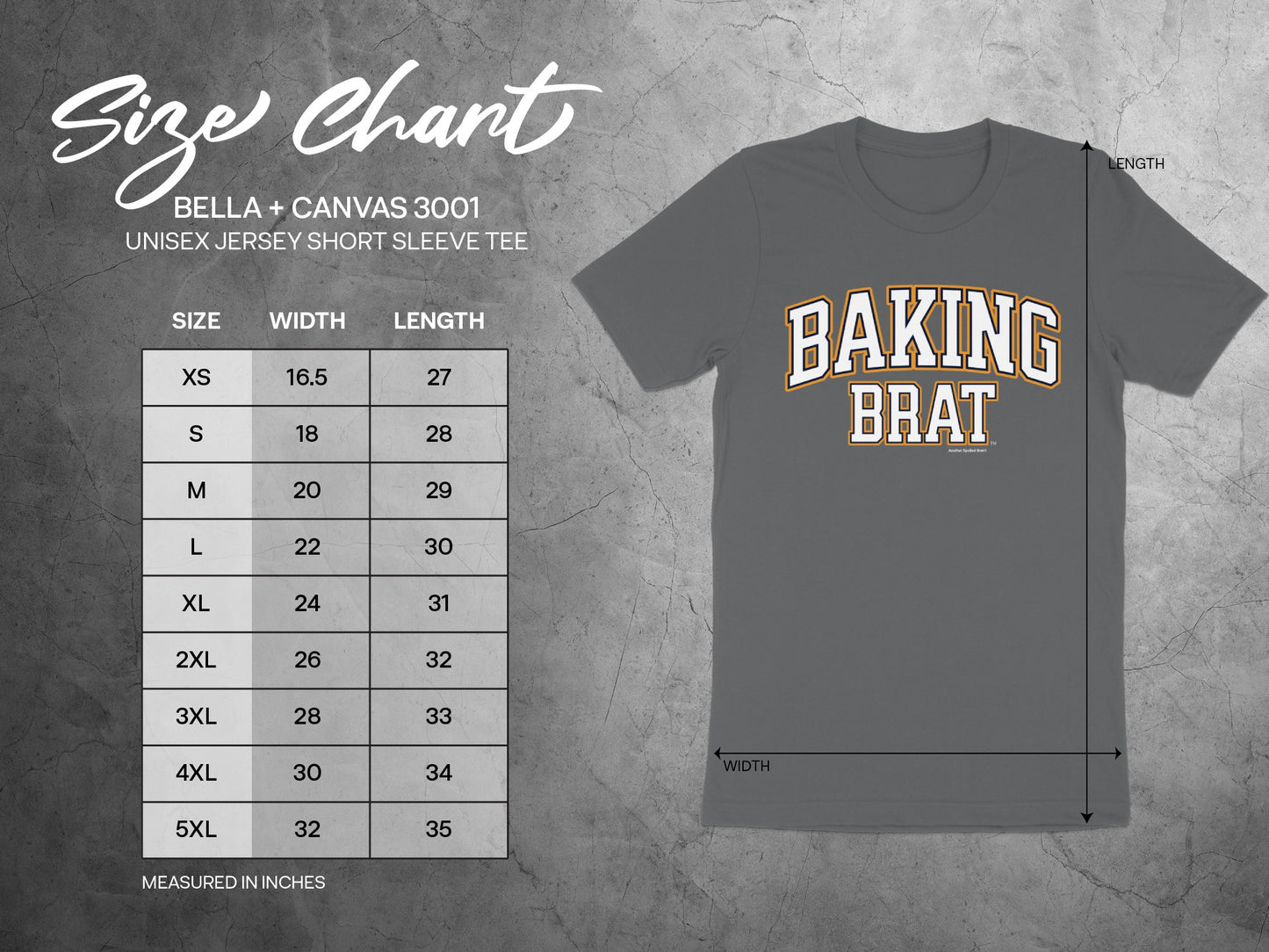 Size chart for BELLA + CANVAS 3001 Unisex Jersey Short Sleeve Tee with width and length measurements.