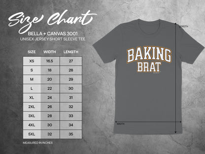 Size chart for BELLA + CANVAS 3001 Unisex Jersey Short Sleeve Tee with width and length measurements.