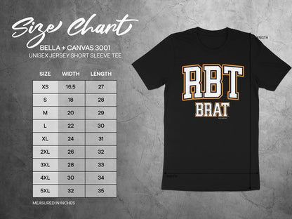 Size chart for BELLA + CANVAS 3001 unisex short sleeve tee with "RBT BRAT" graphic.