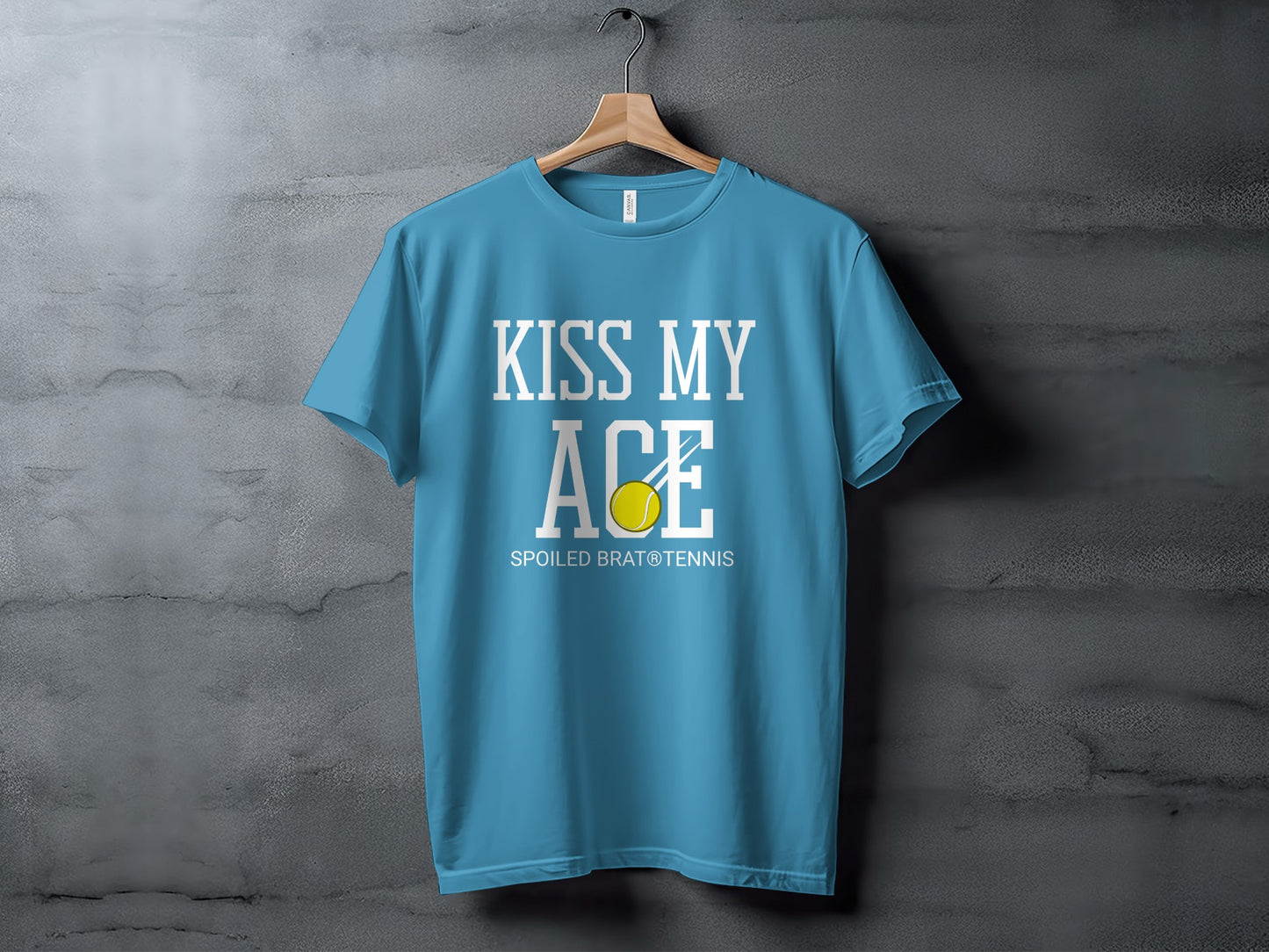 Blue t-shirt with "KISS MY ACE" and tennis ball graphic.