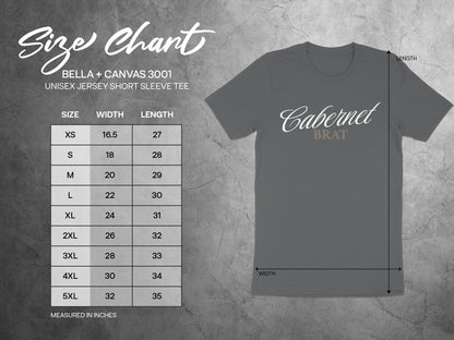BELLA + CANVAS 3001 unisex t-shirt size chart with width and length measurements.
