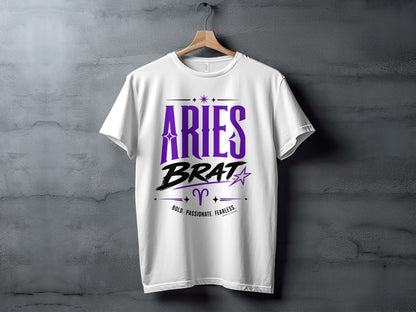 White t-shirt with "Aries Brat" text, Aries symbol, and "Bold. Passionate. Fearless."