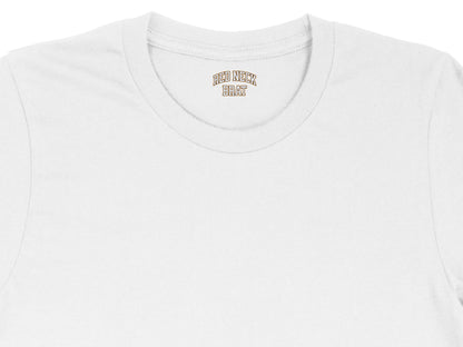 White t-shirt with "RED NECK BRAT" text inside the collar.