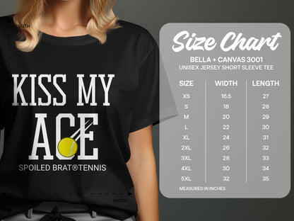 Black t-shirt with "KISS MY ACE" graphic and a size chart.