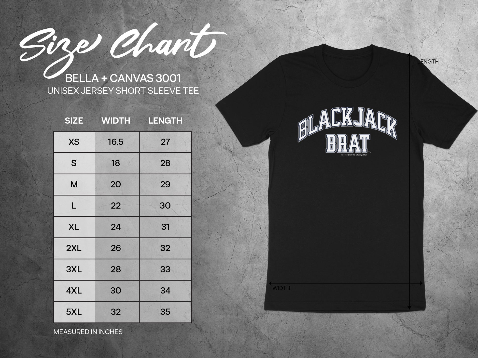 Bella + Canvas 3001 unisex t-shirt size chart with width and length measurements.