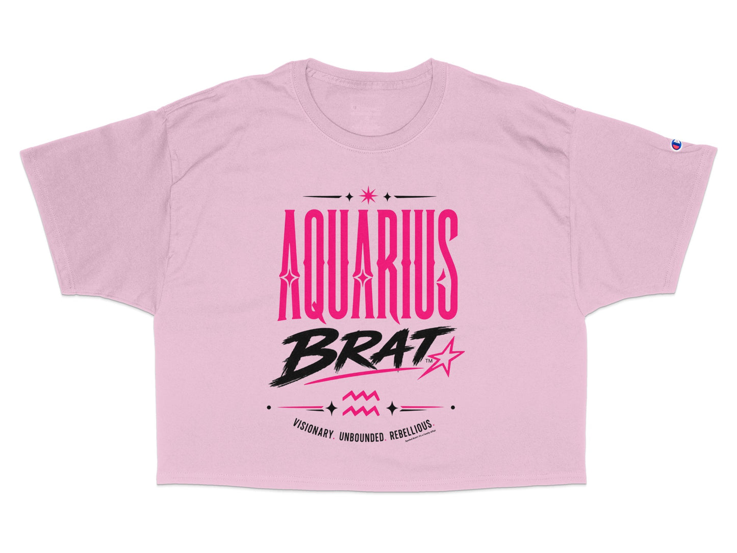 Pink crop top with "AQUARIUS BRAT" graphic and descriptive text.