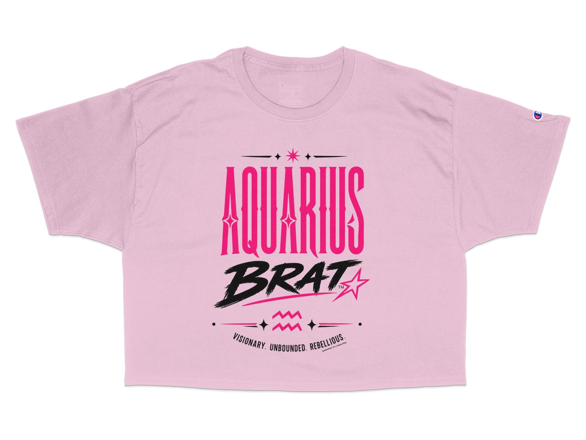 Pink crop top with "AQUARIUS BRAT" graphic and descriptive text.