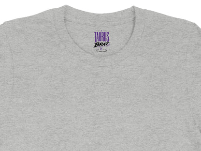 Grey t-shirt showing the inner label with "TAURUS BRAT" text and bull symbol.