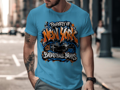 Blue t-shirt with "Property of New York Basketball Brats" graffiti design.
