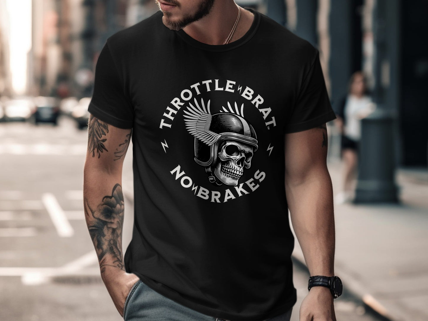 Black t-shirt with winged skull and "Throttle Brat No Brakes" text graphic.