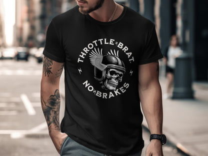 Black t-shirt with winged skull and "Throttle Brat No Brakes" text graphic.