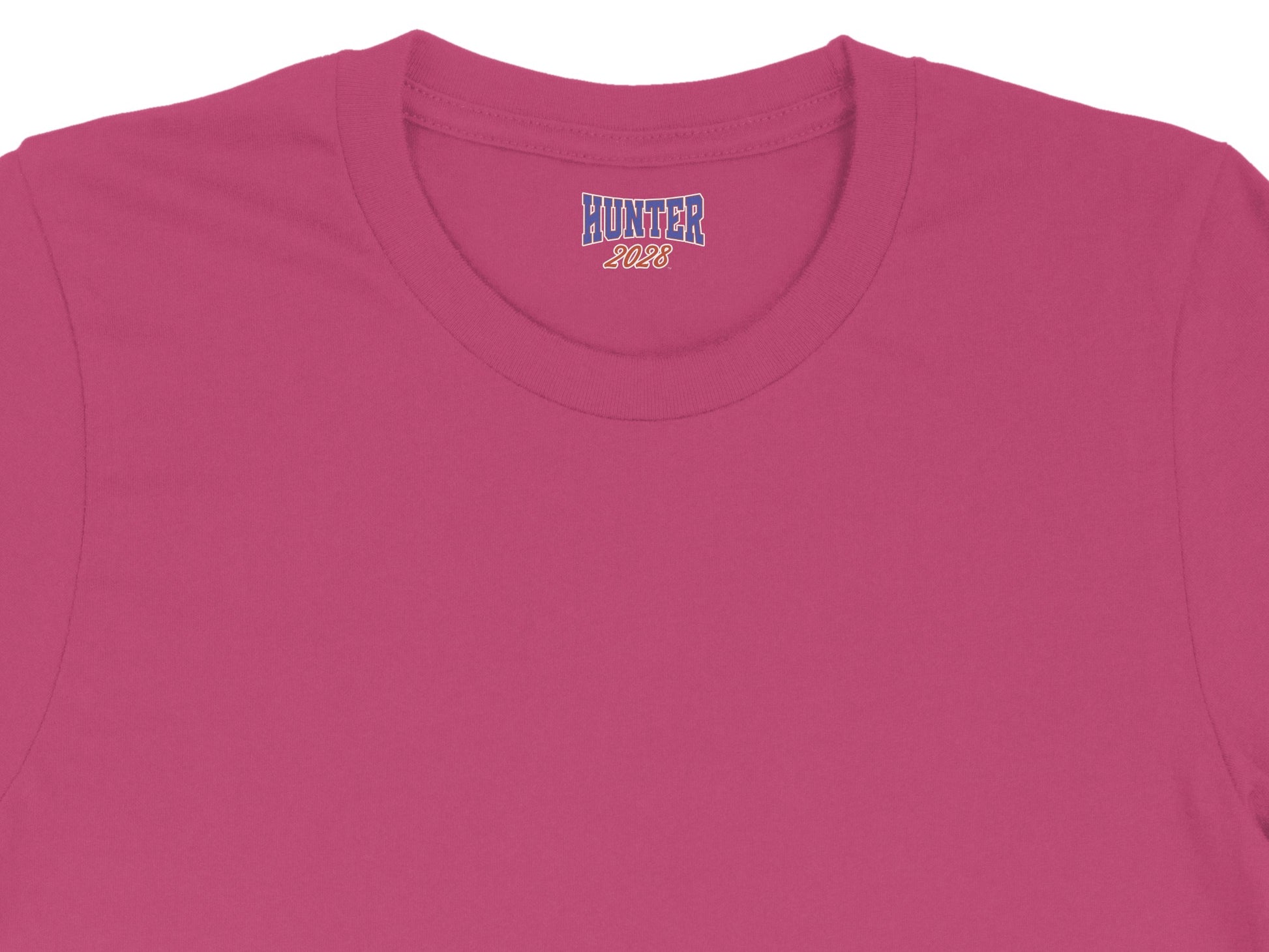Pink t-shirt with "HUNTER 2028" logo on the neck label.