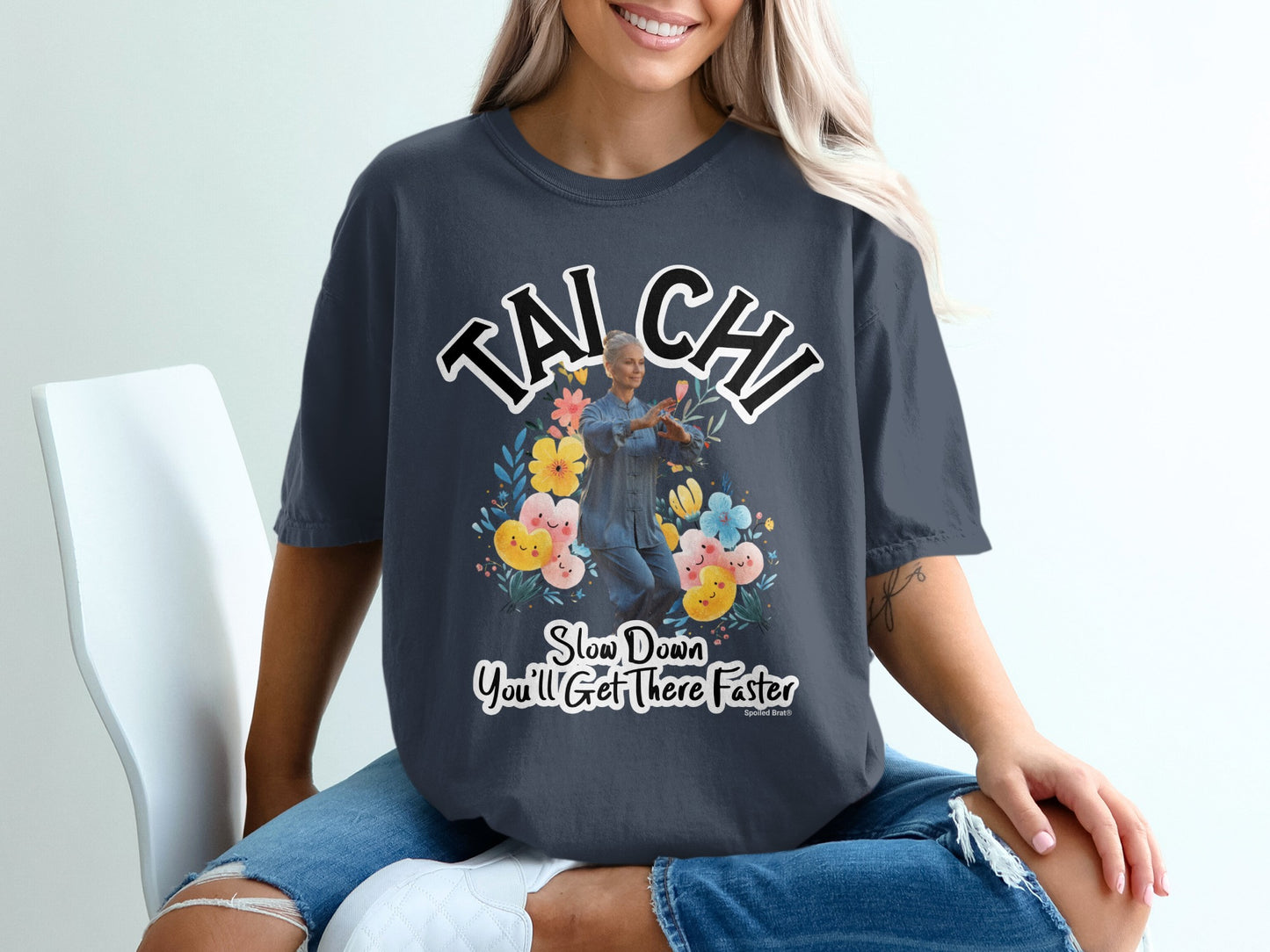 Dark gray t-shirt with "Tai Chi" and woman in martial arts pose with flowers.