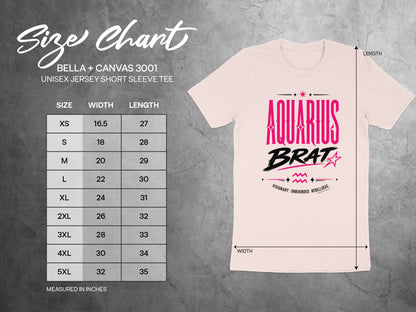 Bella + Canvas 3001 unisex t-shirt size chart with width and length measurements.