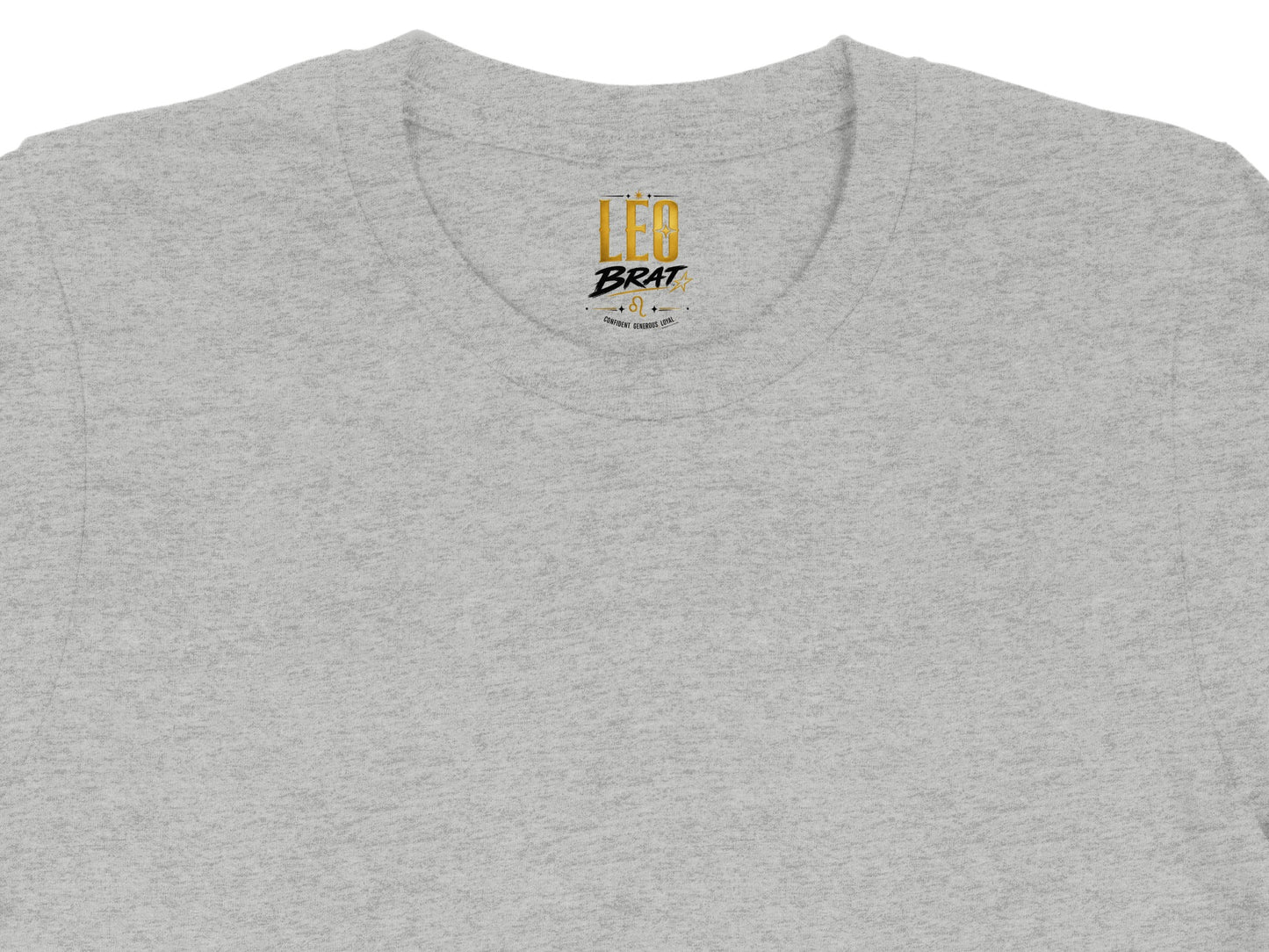 Grey t-shirt with gold text "Leo Brat" and constellation symbol.