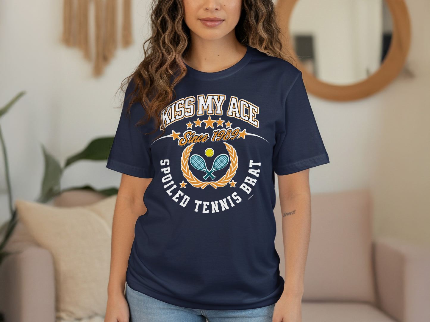 Navy t-shirt with "Kiss My Ace" and tennis graphic.