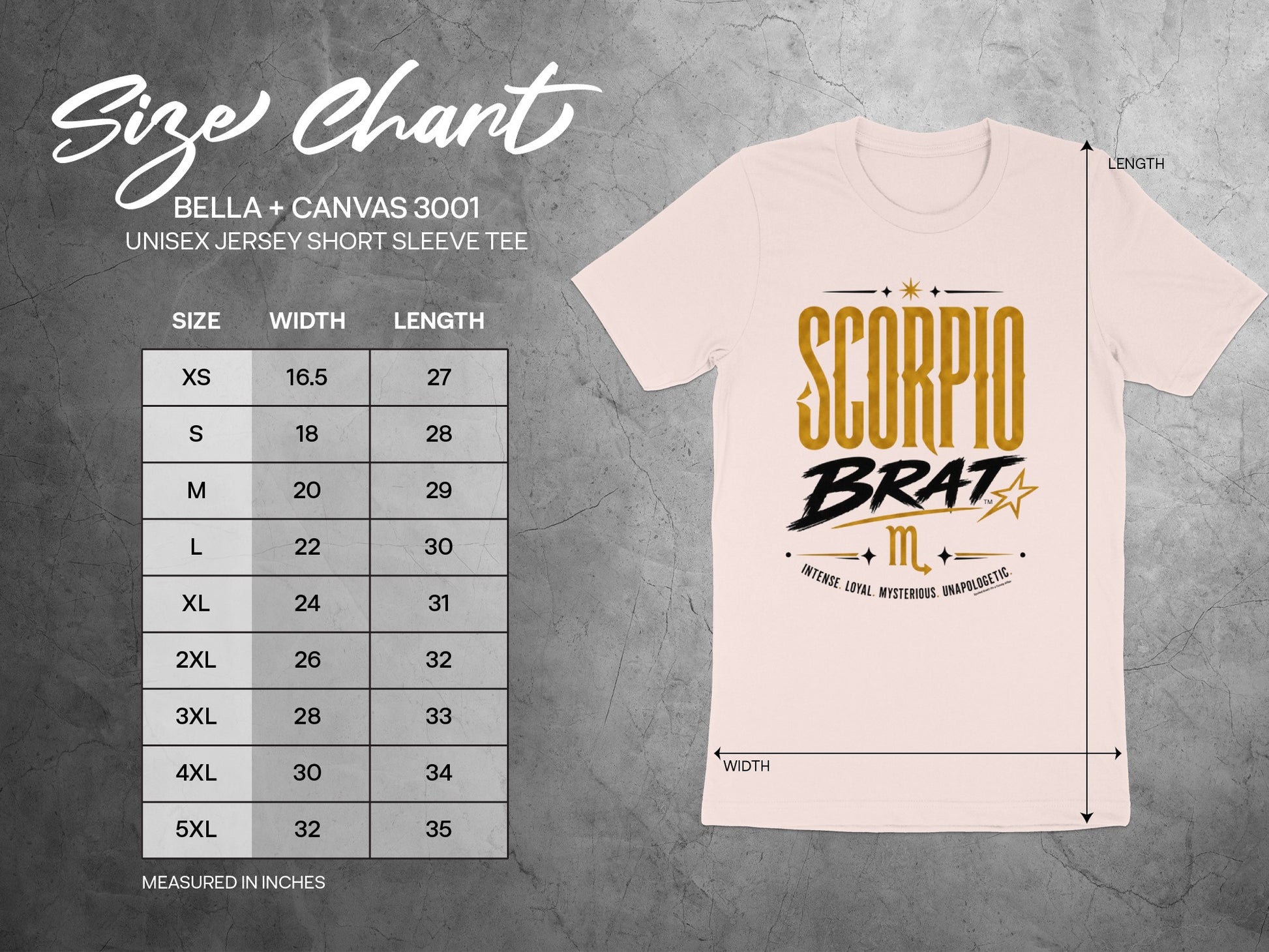 Bella + Canvas 3001 unisex tee size chart with width and length measurements in inches.