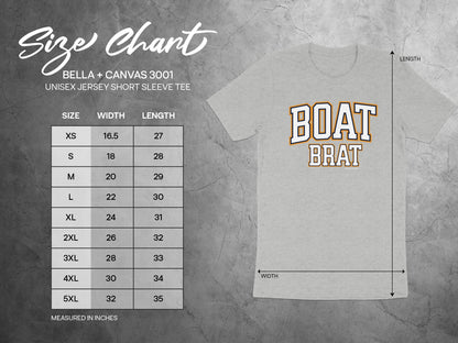 Bella + Canvas 3001 size chart for unisex short sleeve tees with "Boat Brat" graphic.
