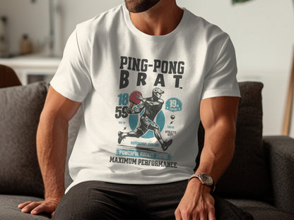 White t-shirt with "PING-PONG BRAT" text and a graphic of a ping pong player.