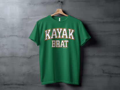 Green t-shirt with "KAYAK BRAT" text in white and yellow collegiate font.