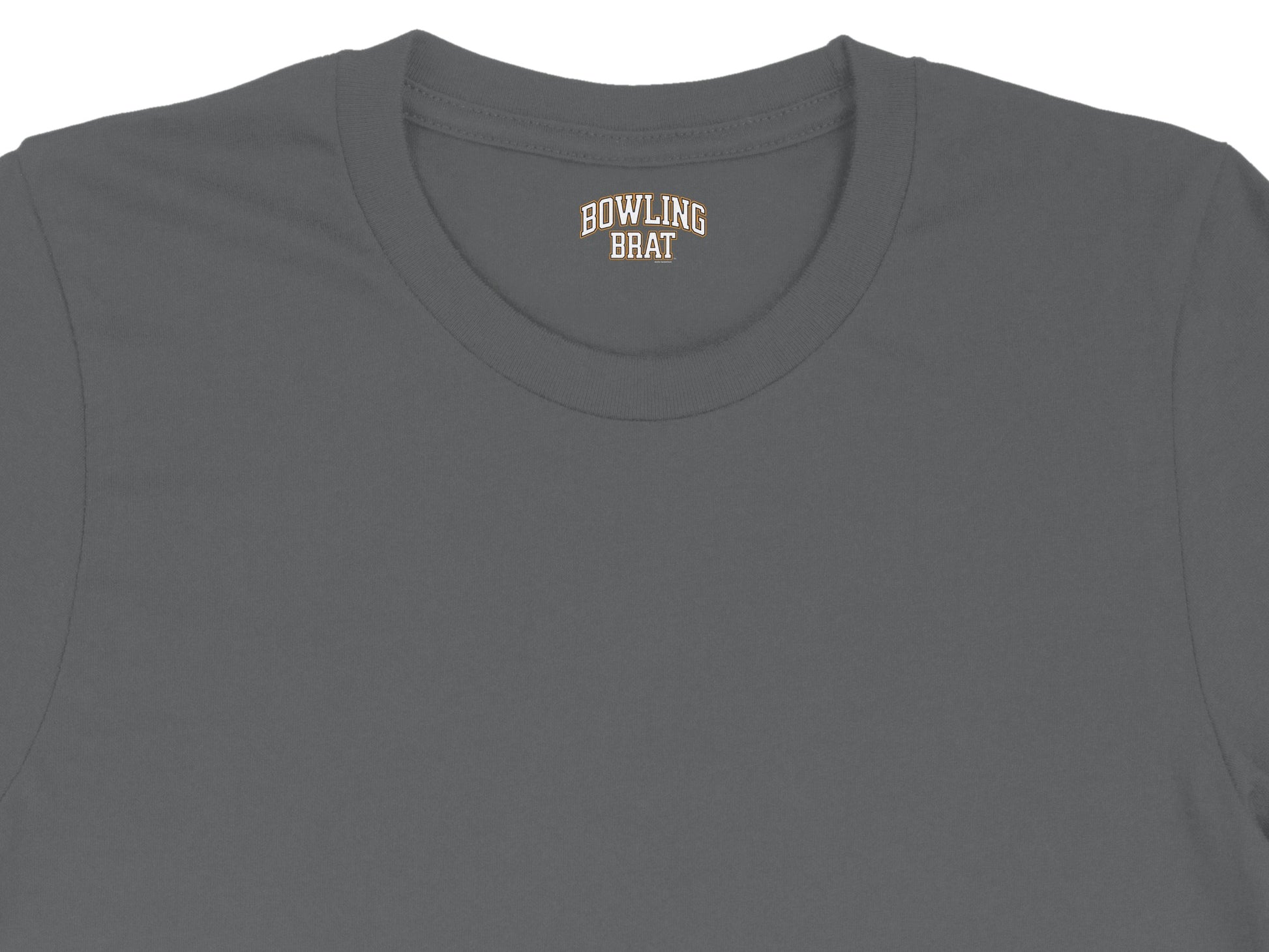 Grey t-shirt with "BOWLING BRAT" text on the collar.