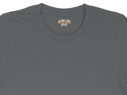 Grey t-shirt with "BOWLING BRAT" text on the collar.