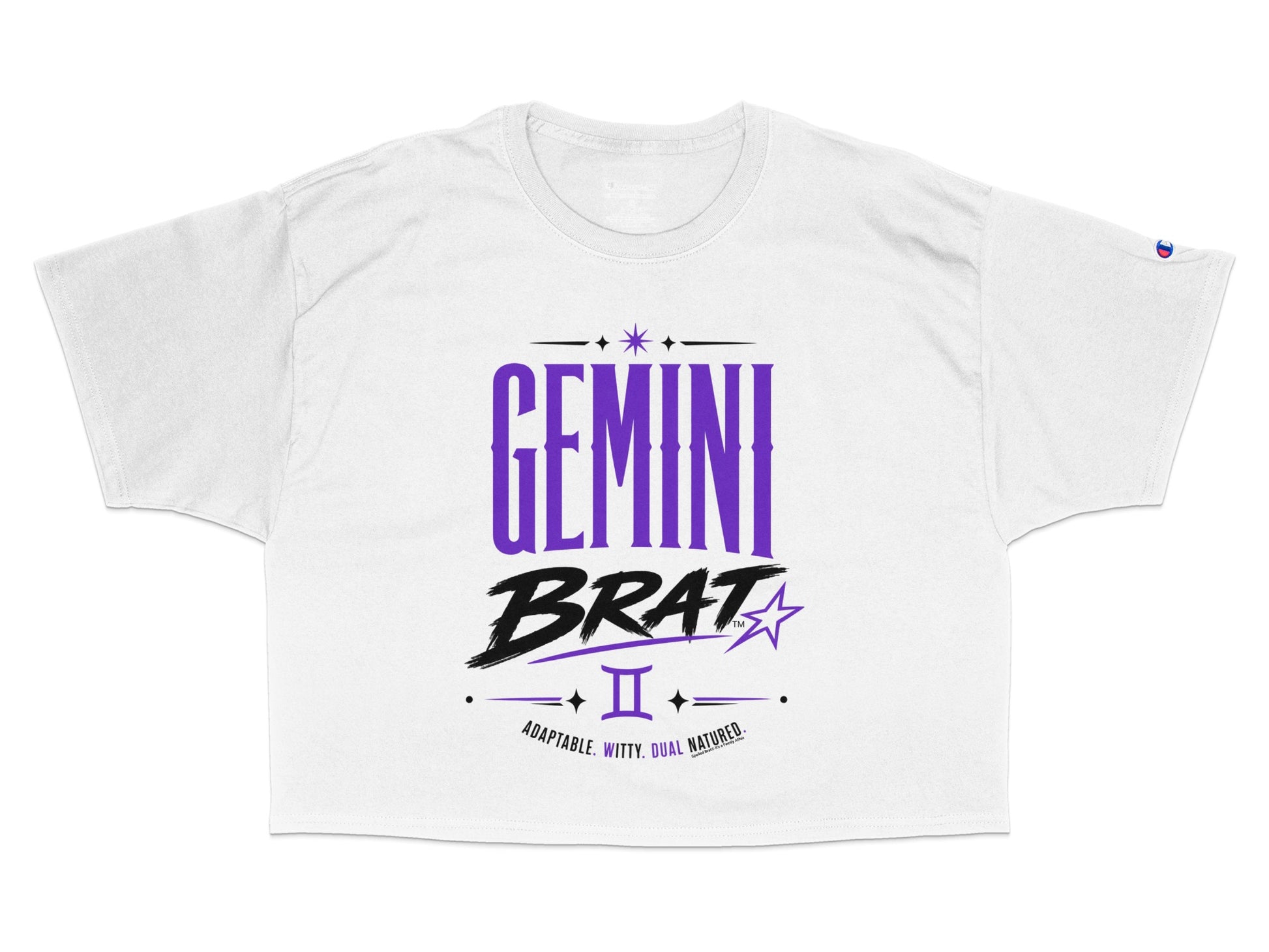 White crop t-shirt with "Gemini Brat" in purple and black, Gemini symbol, and text.