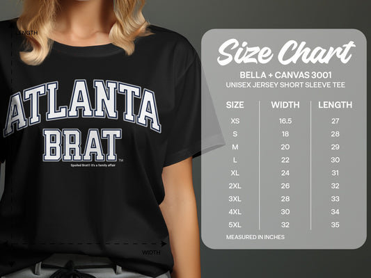 Black t-shirt with "ATLANTA BRAT" text and size chart.