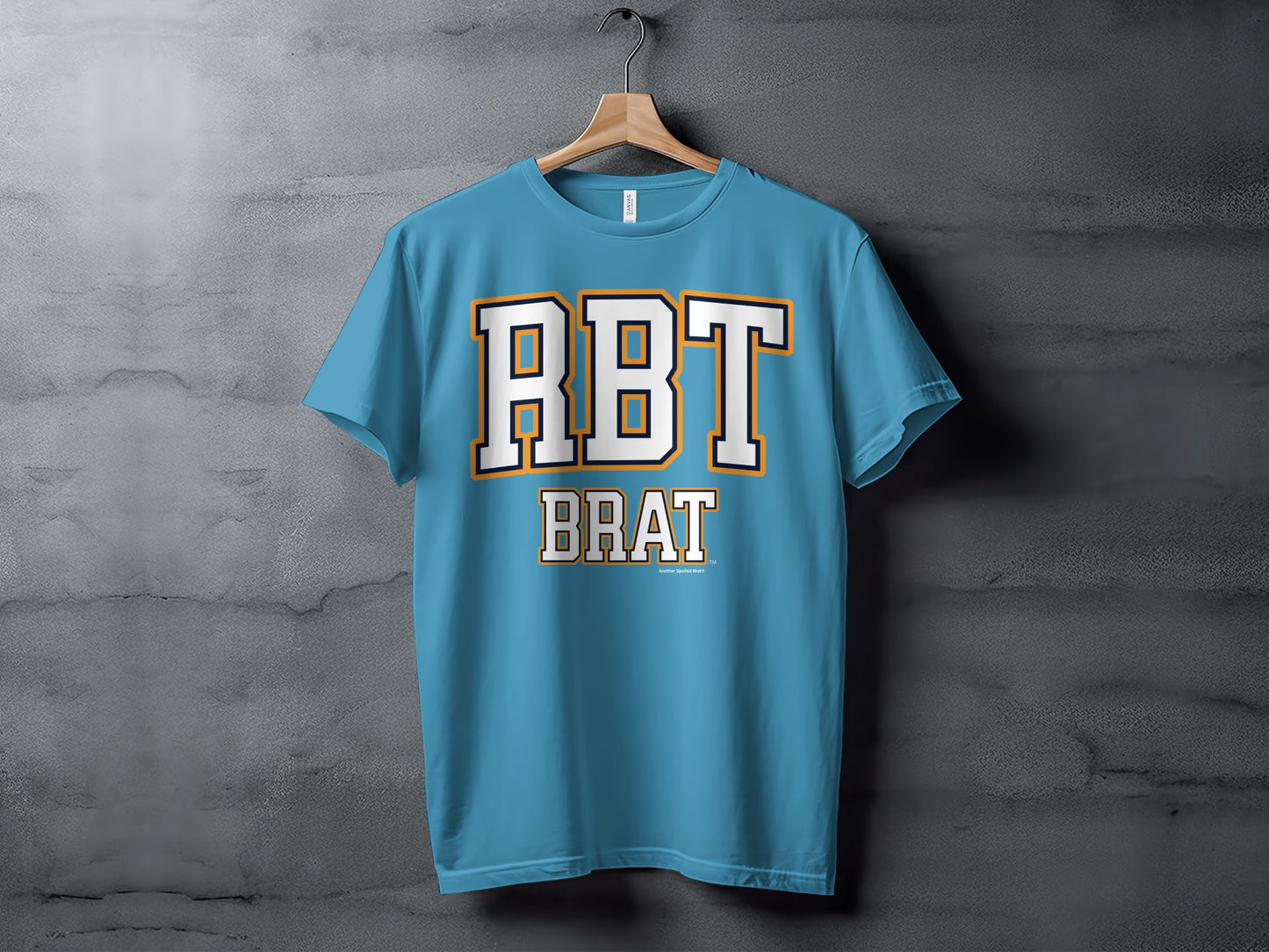 Blue t-shirt with "RBT BRAT" text in collegiate style lettering.