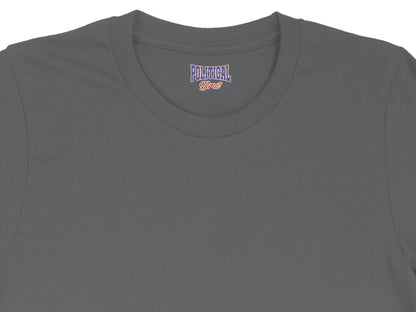 Dark gray t-shirt with "POLITICAL Brat" logo on the neck label.