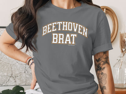 Grey t-shirt with "BEETHOVEN BRAT" in collegiate-style lettering.