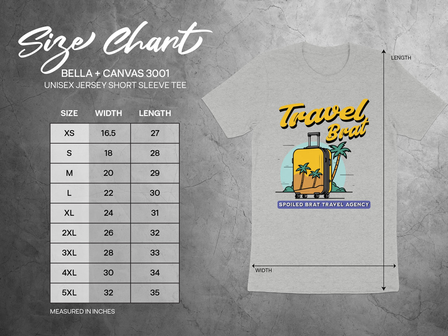 Size chart for Bella + Canvas 3001 unisex jersey short sleeve tee.