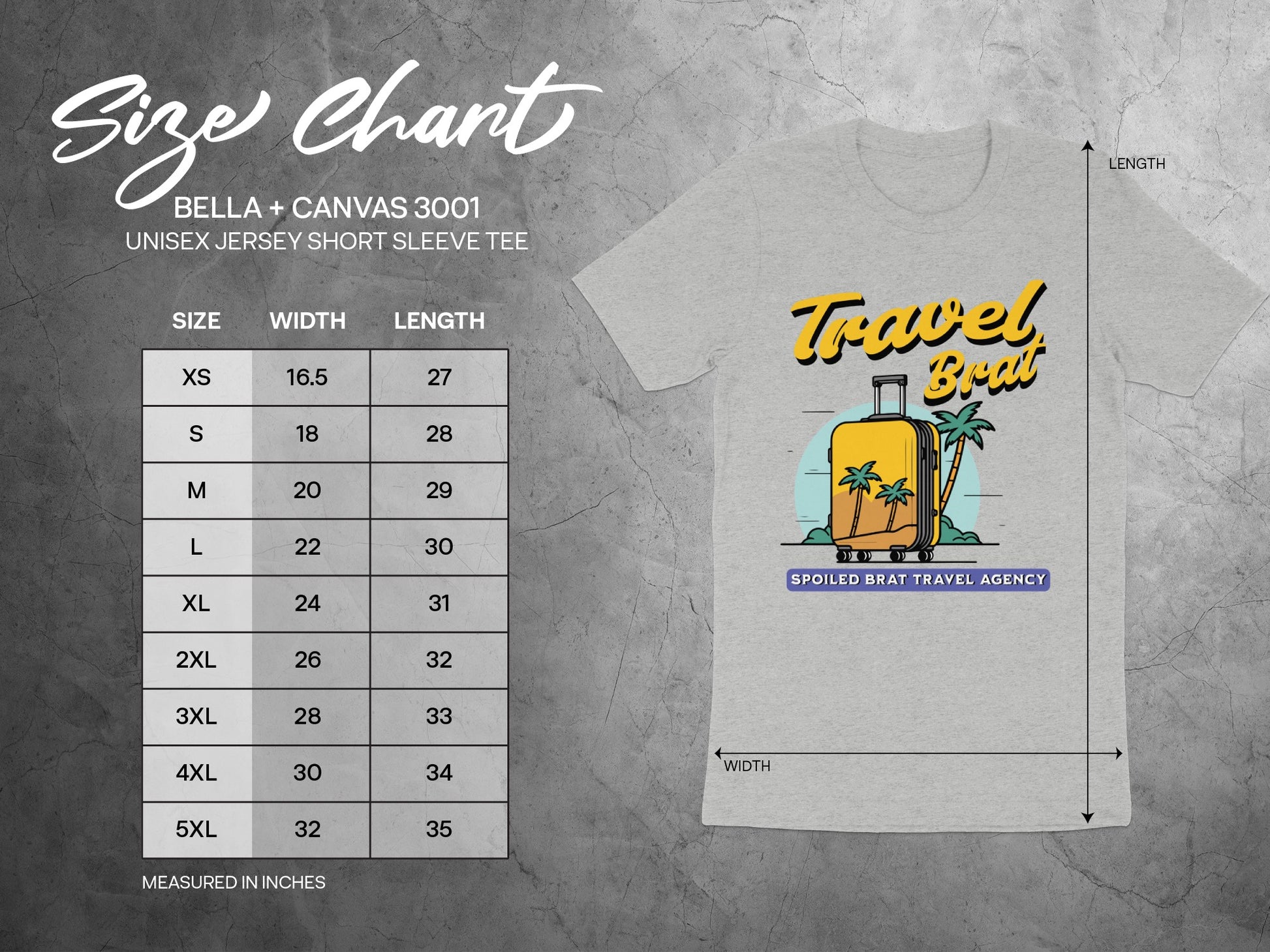 Size chart for Bella + Canvas 3001 unisex jersey short sleeve tee.