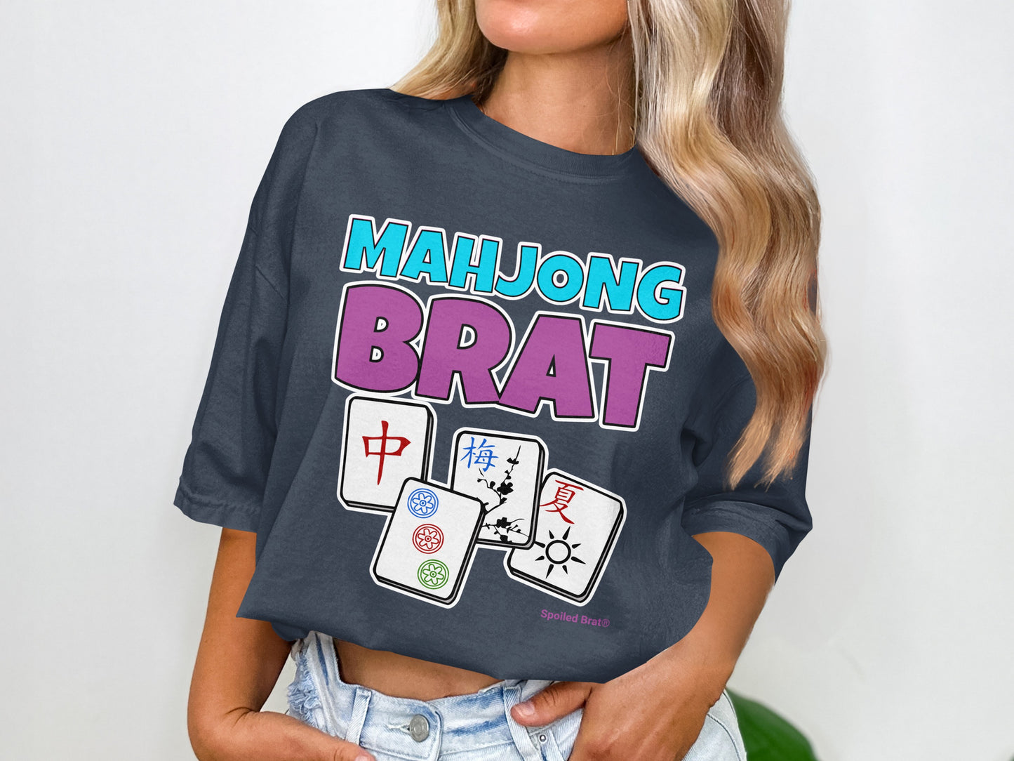 Dark t-shirt with "Mahjong Brat" and Mahjong tiles.