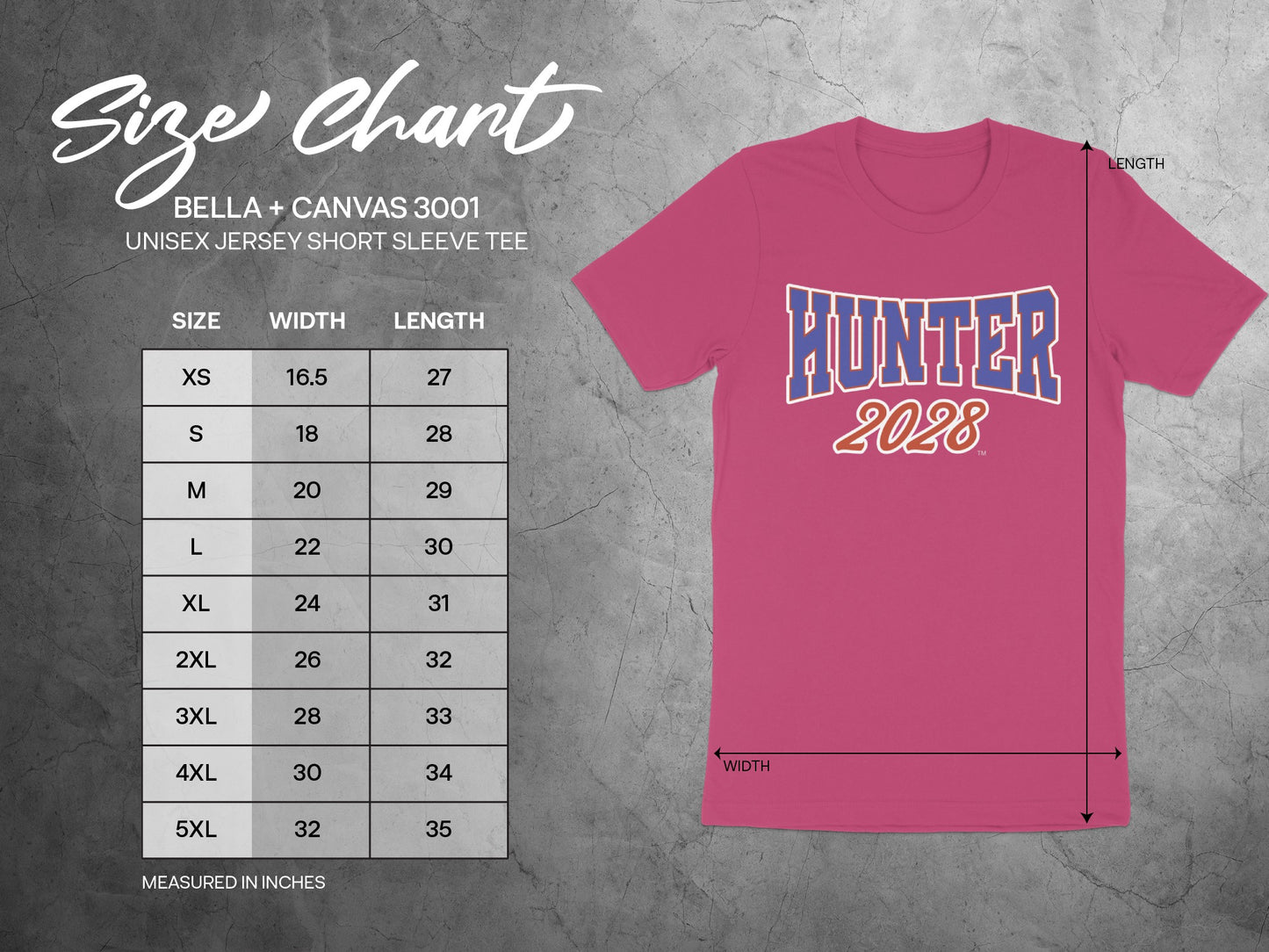 Size chart for BELLA + CANVAS 3001 unisex jersey tee with measurements.