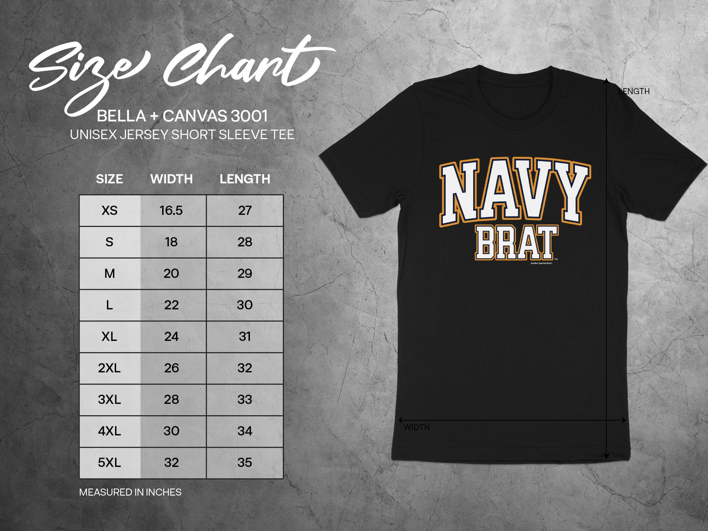 Bella + Canvas 3001 size chart with width and length for unisex jersey short sleeve tees.