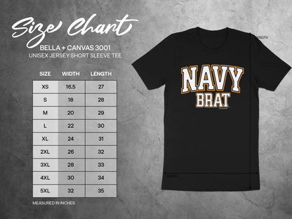 Bella + Canvas 3001 size chart with width and length for unisex jersey short sleeve tees.