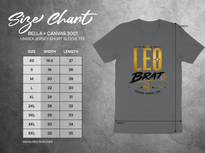 Size chart for Bella + Canvas 3001 unisex tee with Leo Brat graphic. Units in inches.