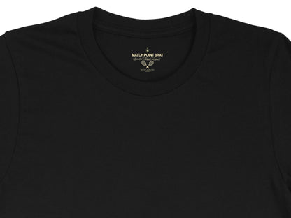 Black t-shirt with "MATCH POINT BRAT Spoiled Brat Tennis" label.